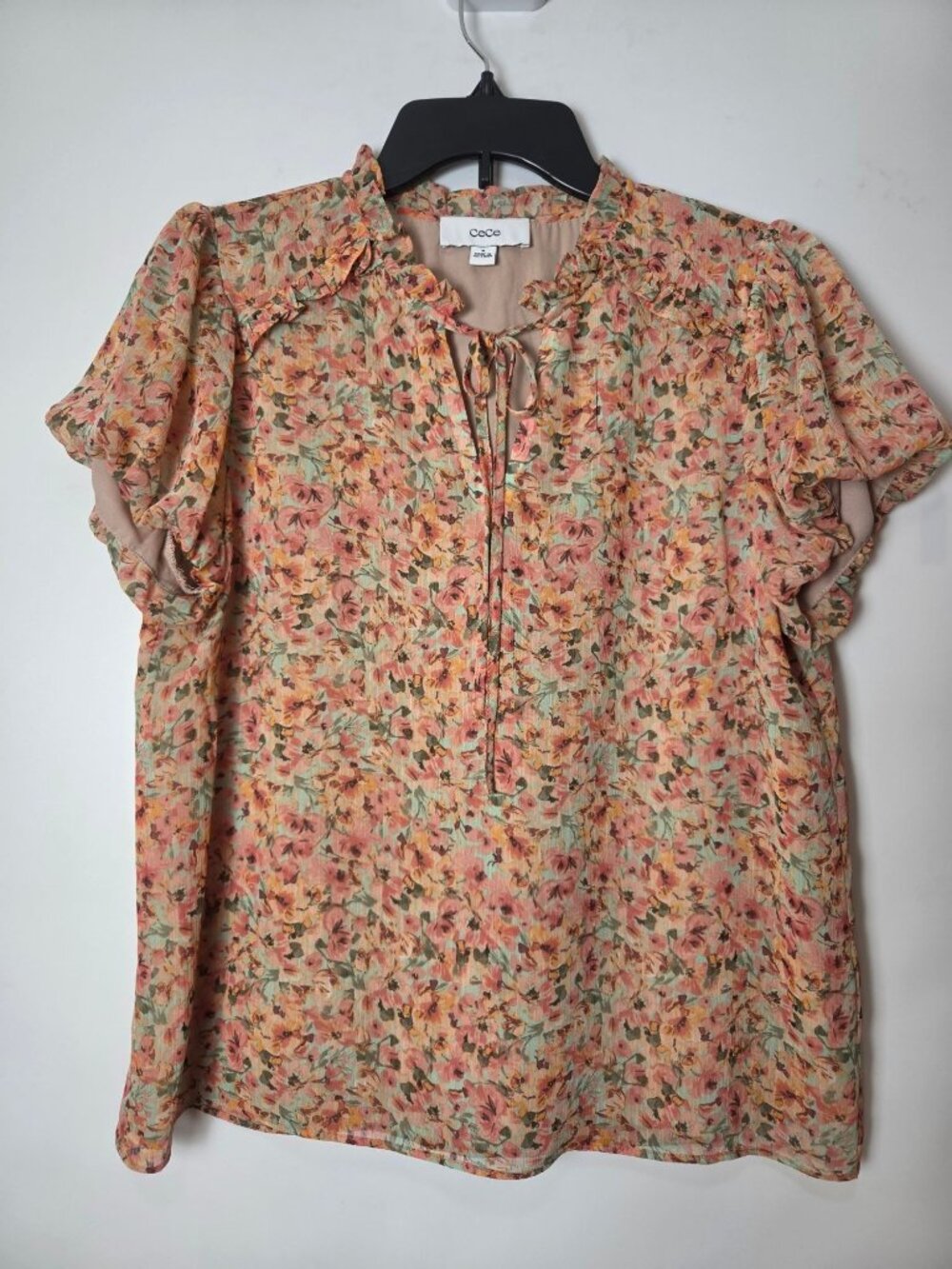 CeCe Floral Ruffle Tie-Neck Puff Slv Cottagecore Soft Girl Romantic Academia